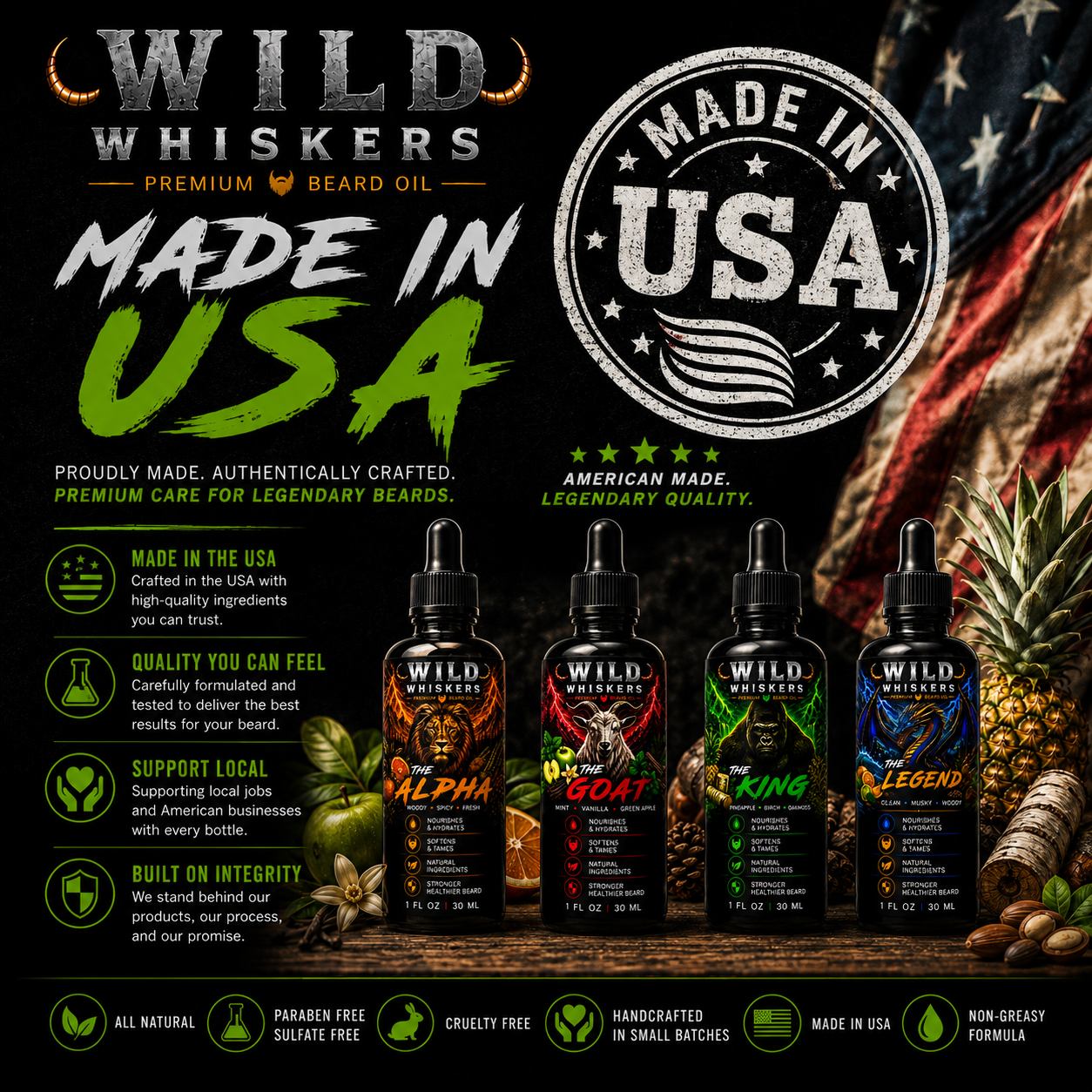 Wild Whiskers Premium Beard Oil 4-Pack SAMPLER Set | The Alpha, The Goat, The King & The Legend | 4 Signature Scent