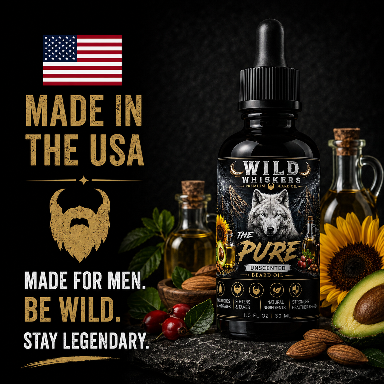 Wild Whiskers The Pure Premium Beard Oil |UNSCENTED | 1 oz