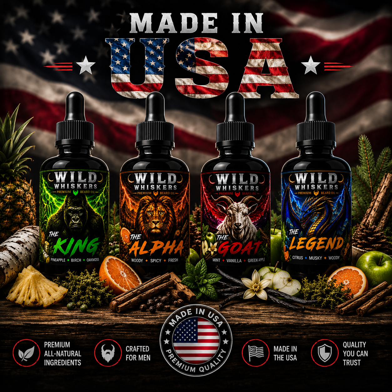 Wild Whiskers Premium Beard Oil 4-Pack Sampler Gift Set | The Alpha, The Goat, The King & The Legend | 4 Signature Scen