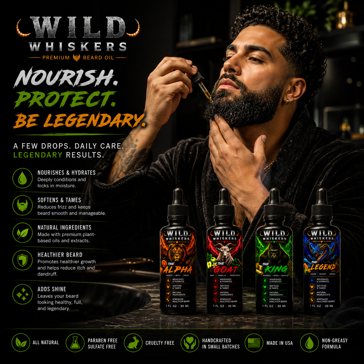 Wild Whiskers Premium Beard Oil 4-Pack SAMPLER Set | The Alpha, The Goat, The King & The Legend | 4 Signature Scent