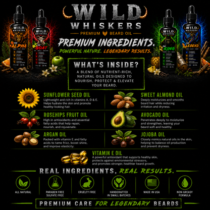 Wild Whiskers Premium Beard Oil 4-Pack SAMPLER Set | The Alpha, The Goat, The King & The Legend | 4 Signature Scent