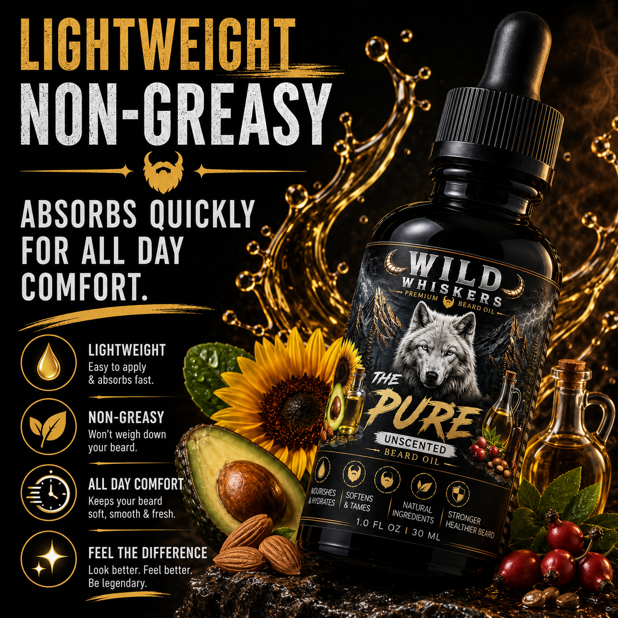 Wild Whiskers The Pure Premium Beard Oil |UNSCENTED | 1 oz