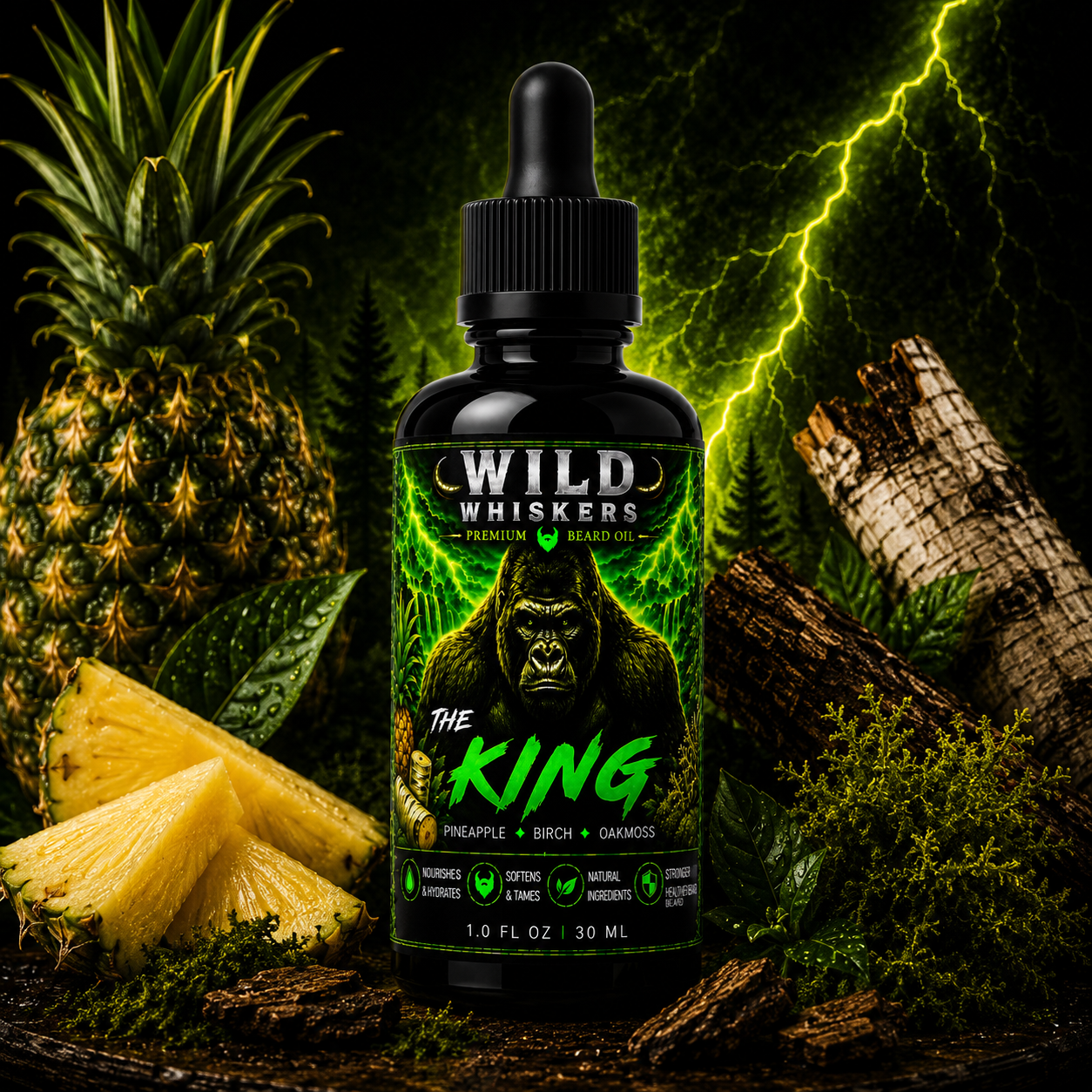 Wild Whiskers The King Premium Beard Oil | Pineapple, Birch & Oakmoss | 1 oz