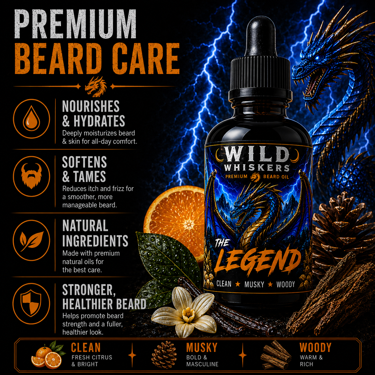 Wild Whiskers The Legend Premium Beard Oil | Citrus, Woody & Musky | 1 oz