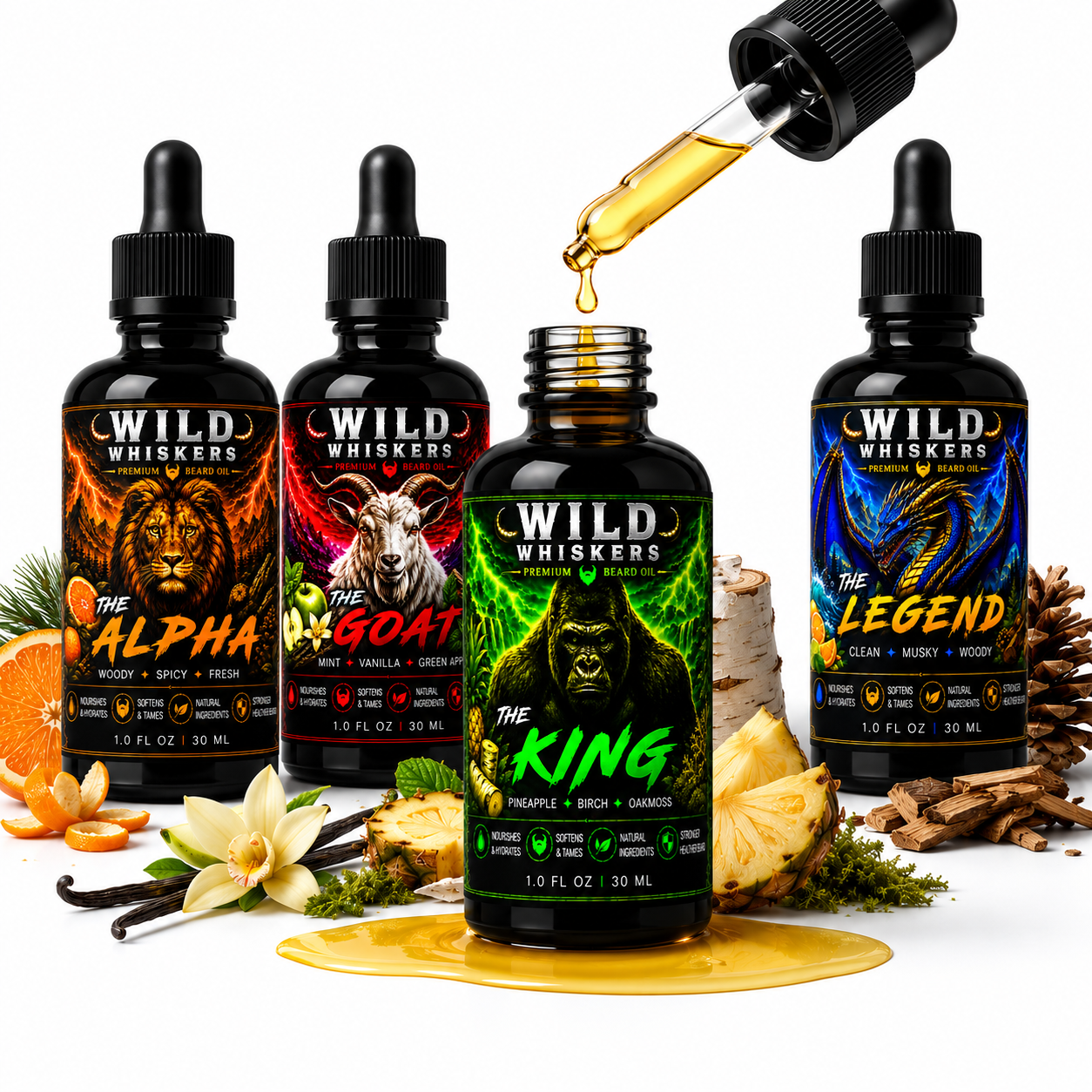 Wild Whiskers Premium Beard Oil 4-Pack Sampler Gift Set | The Alpha, The Goat, The King & The Legend | 4 Signature Scen