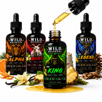Wild Whiskers Premium Beard Oil 4-Pack Sampler Gift Set | The Alpha, The Goat, The King & The Legend | 4 Signature Scen