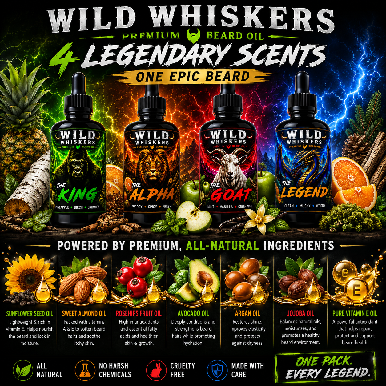 Wild Whiskers Premium Beard Oil 4-Pack Sampler Gift Set | The Alpha, The Goat, The King & The Legend | 4 Signature Scen