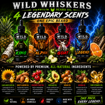 Wild Whiskers Premium Beard Oil 4-Pack Sampler Gift Set | The Alpha, The Goat, The King & The Legend | 4 Signature Scen