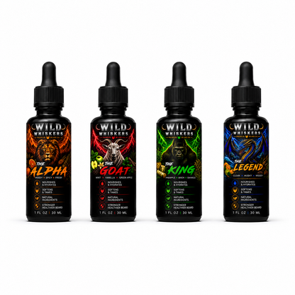Wild Whiskers Premium Beard Oil 4-Pack SAMPLER Set | The Alpha, The Goat, The King & The Legend | 4 Signature Scent
