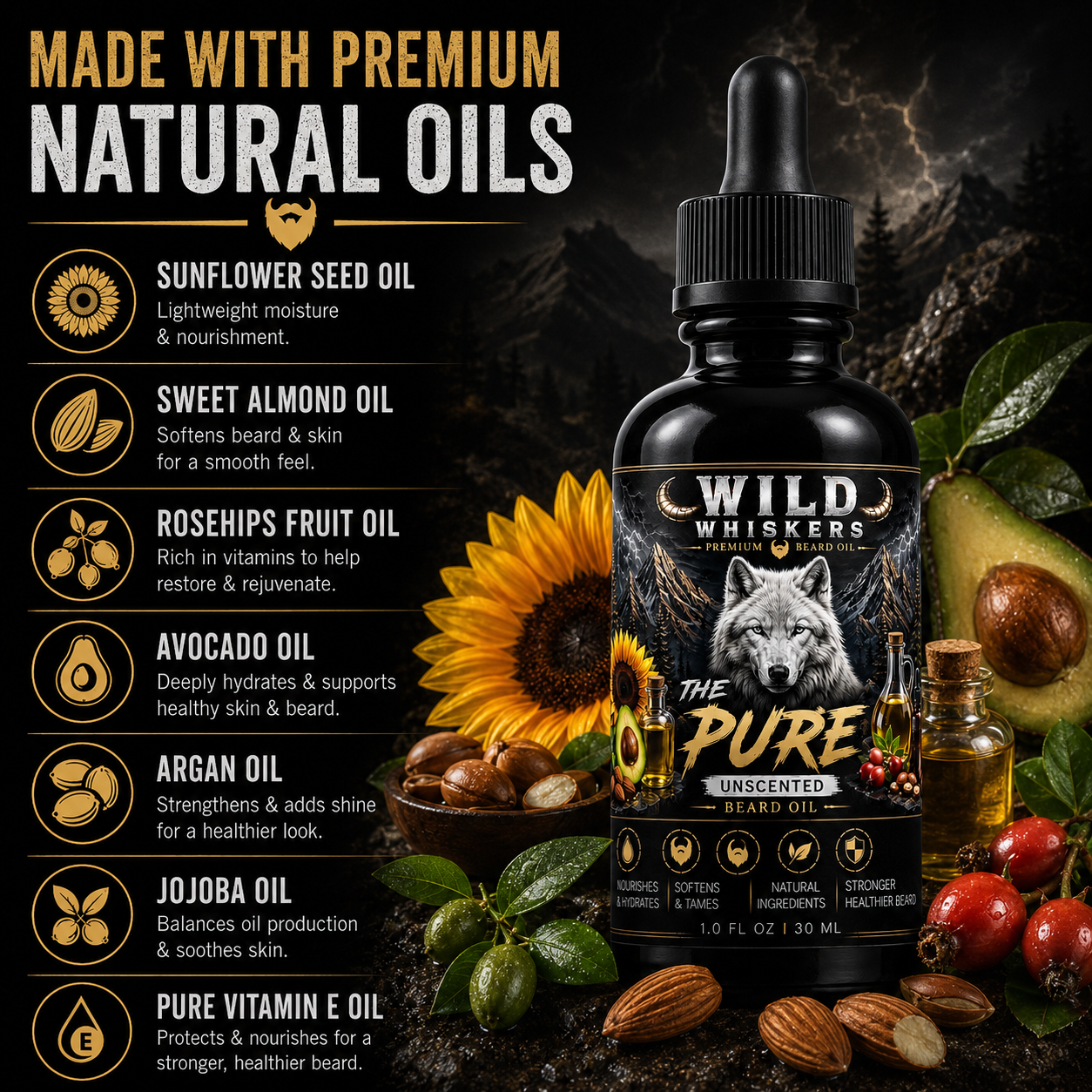 Wild Whiskers The Pure Premium Beard Oil |UNSCENTED | 1 oz