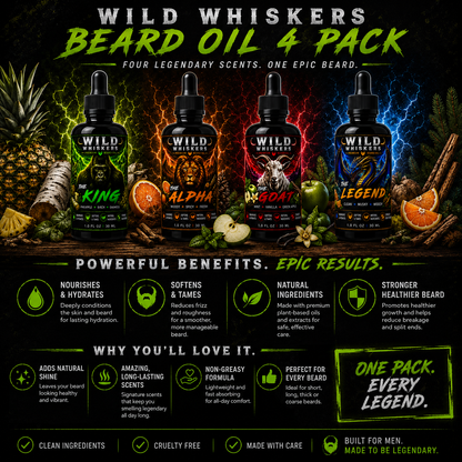 Wild Whiskers Premium Beard Oil 4-Pack Sampler Gift Set | The Alpha, The Goat, The King & The Legend | 4 Signature Scen