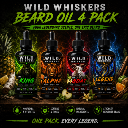Wild Whiskers Premium Beard Oil 4-Pack Sampler Gift Set | The Alpha, The Goat, The King & The Legend | 4 Signature Scen