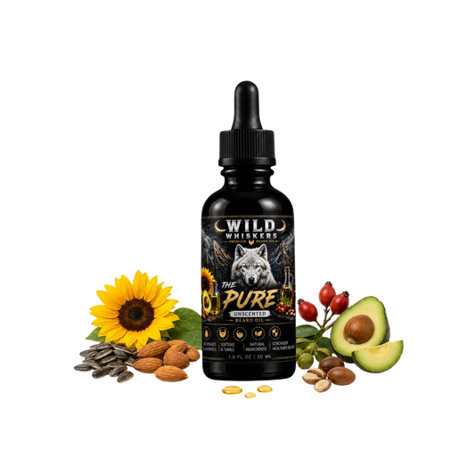 The Pure unscented beard oil with ingredients, transparent background